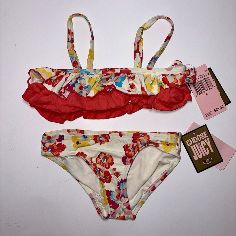 Juicy Couture Beach Baby Coral Floral Bikini 2 Piece Set Swimsuit Sz 4 NWT